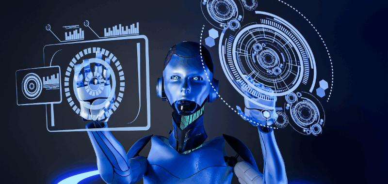 Robot humanoide interactuando con interfaces digitales futuristas, representando la automatización inteligente de procesos con inteligencia artificial en SAP.