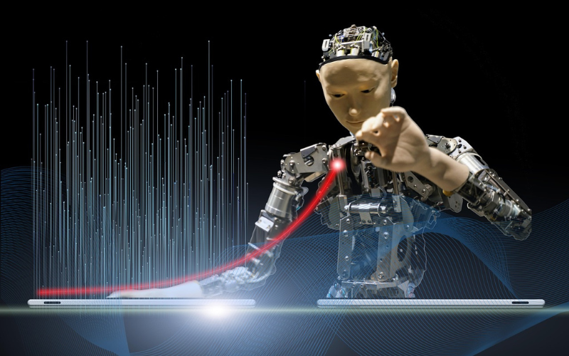 Robot humanoide representando la integración de inteligencia artificial y automatización de procesos robóticos (RPA) en entornos digitales