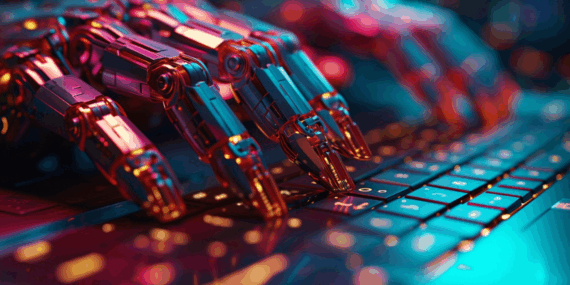 Mano robótica escribiendo sobre un teclado iluminado, representando la transformación laboral impulsada por inteligencia artificial y aprendizaje automático.