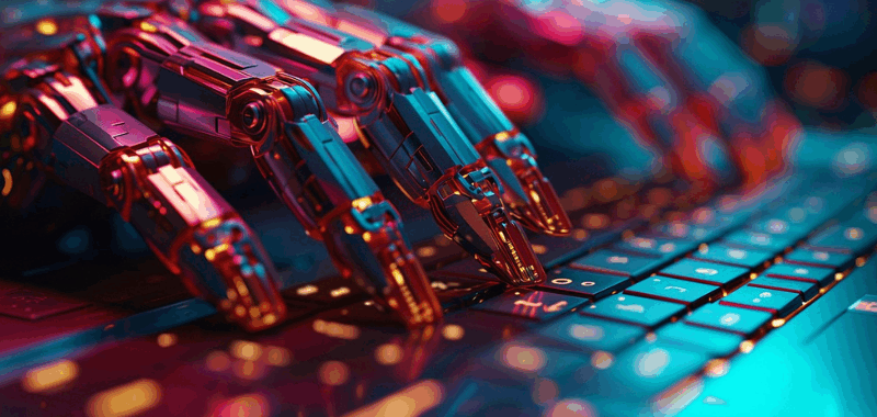 Mano robótica escribiendo sobre un teclado iluminado, representando la transformación laboral impulsada por inteligencia artificial y aprendizaje automático.