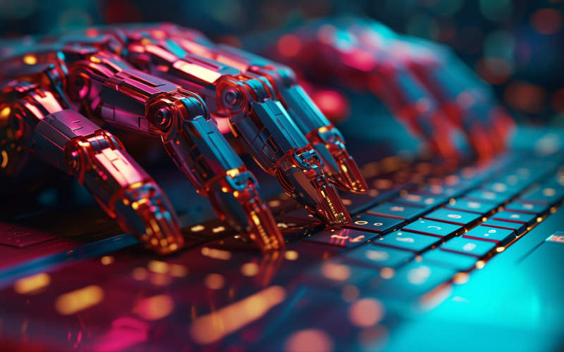 Mano robótica escribiendo sobre un teclado iluminado, representando la transformación laboral impulsada por inteligencia artificial y aprendizaje automático.