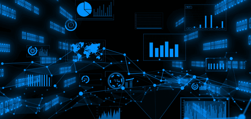 Visualización digital de datos empresariales con gráficos interactivos y flujos de información, representando el uso de BI y Big Data en la toma de decisiones estratégicas.