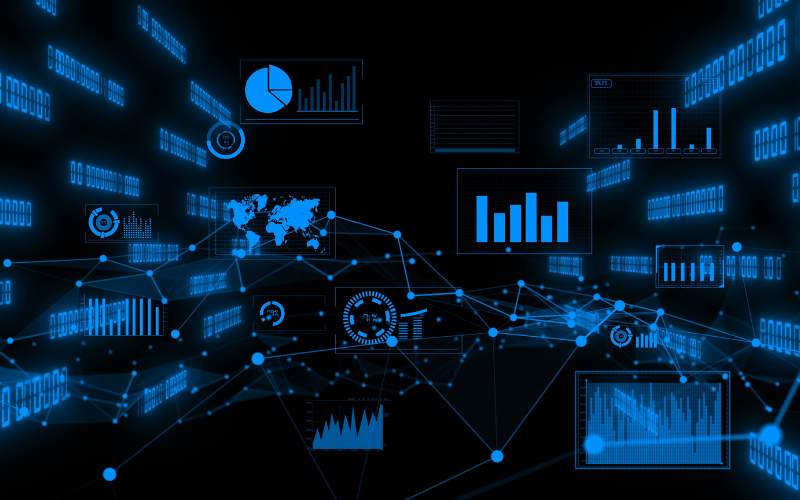 Visualización digital de datos empresariales con gráficos interactivos y flujos de información, representando el uso de BI y Big Data en la toma de decisiones estratégicas.