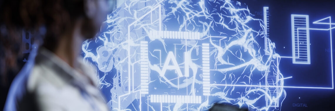 Profesional de tecnología revisando datos en una tableta frente a una visualización digital de cerebro con IA, representando la integración de Inteligencia Artificial Generativa en el desarrollo de software.